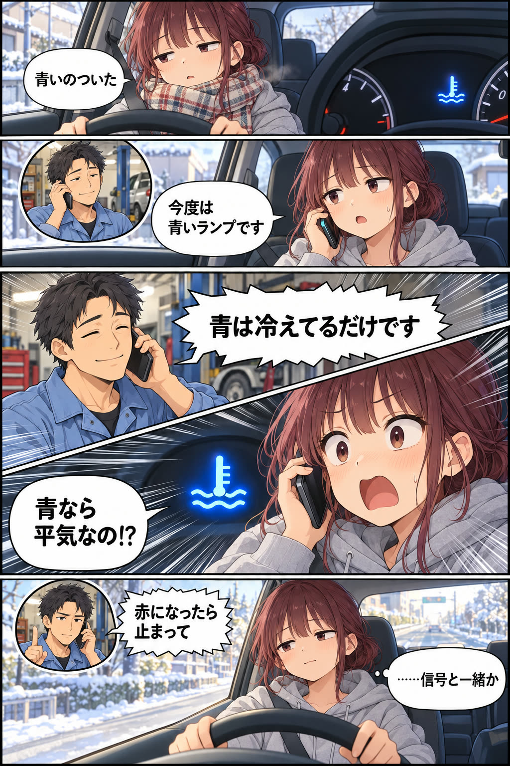 4コマ漫画の見本。冬の朝にメーターの青いマークが光り、整備士に電話すると青は冷えているだけと教わる話