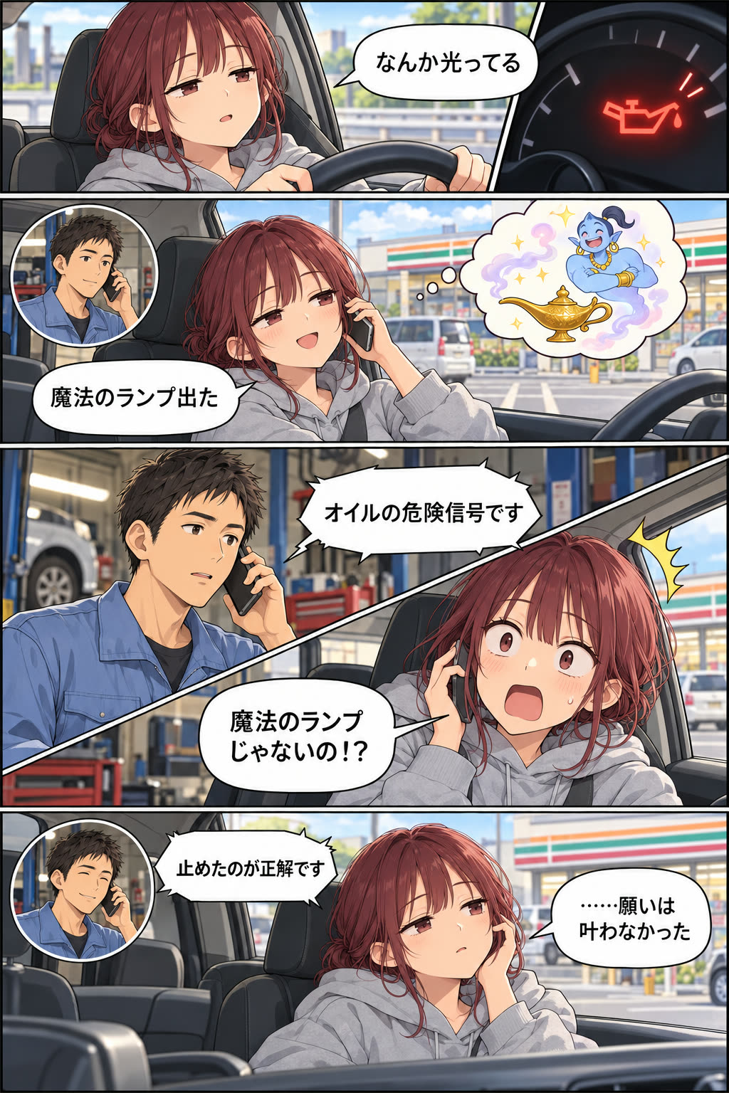 車の4コマ漫画。メーターに魔法のランプのような赤いマークが光り、オイルの危険信号だと教わる