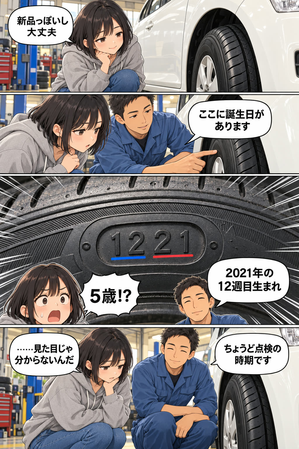 車の4コマ漫画。タイヤ側面の4ケタの数字は製造時期