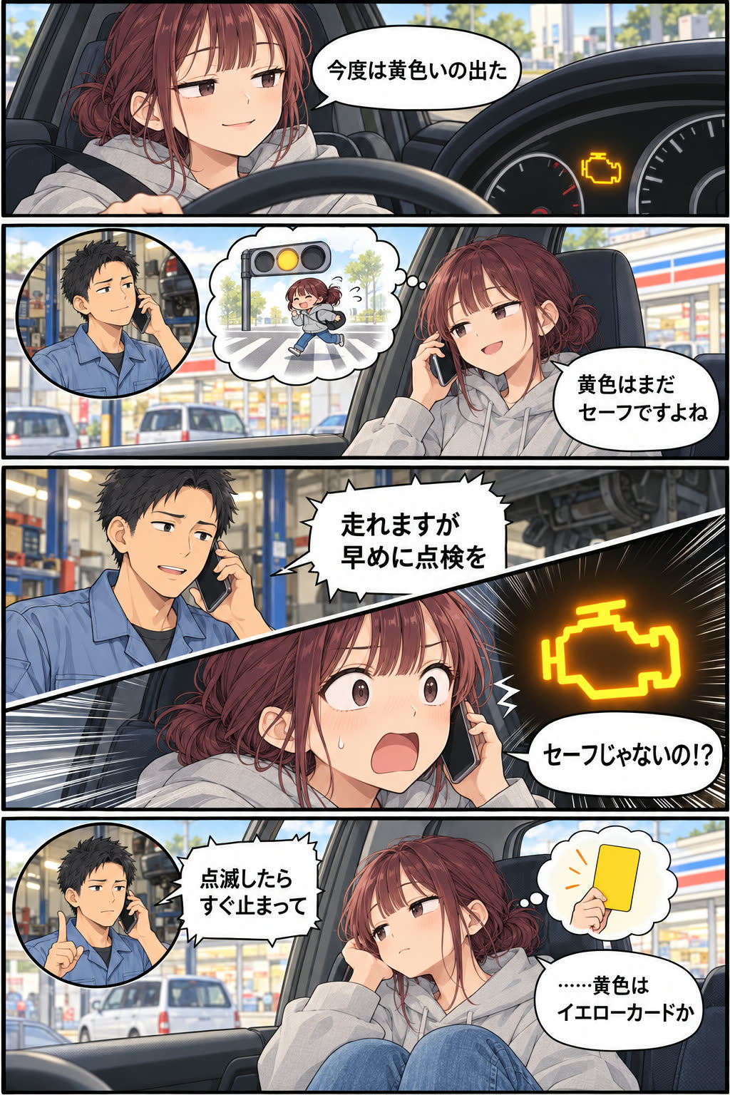 車の4コマ漫画。メーターに黄色いエンジンのマークが光り、走れるけど早めに点検をと教わる