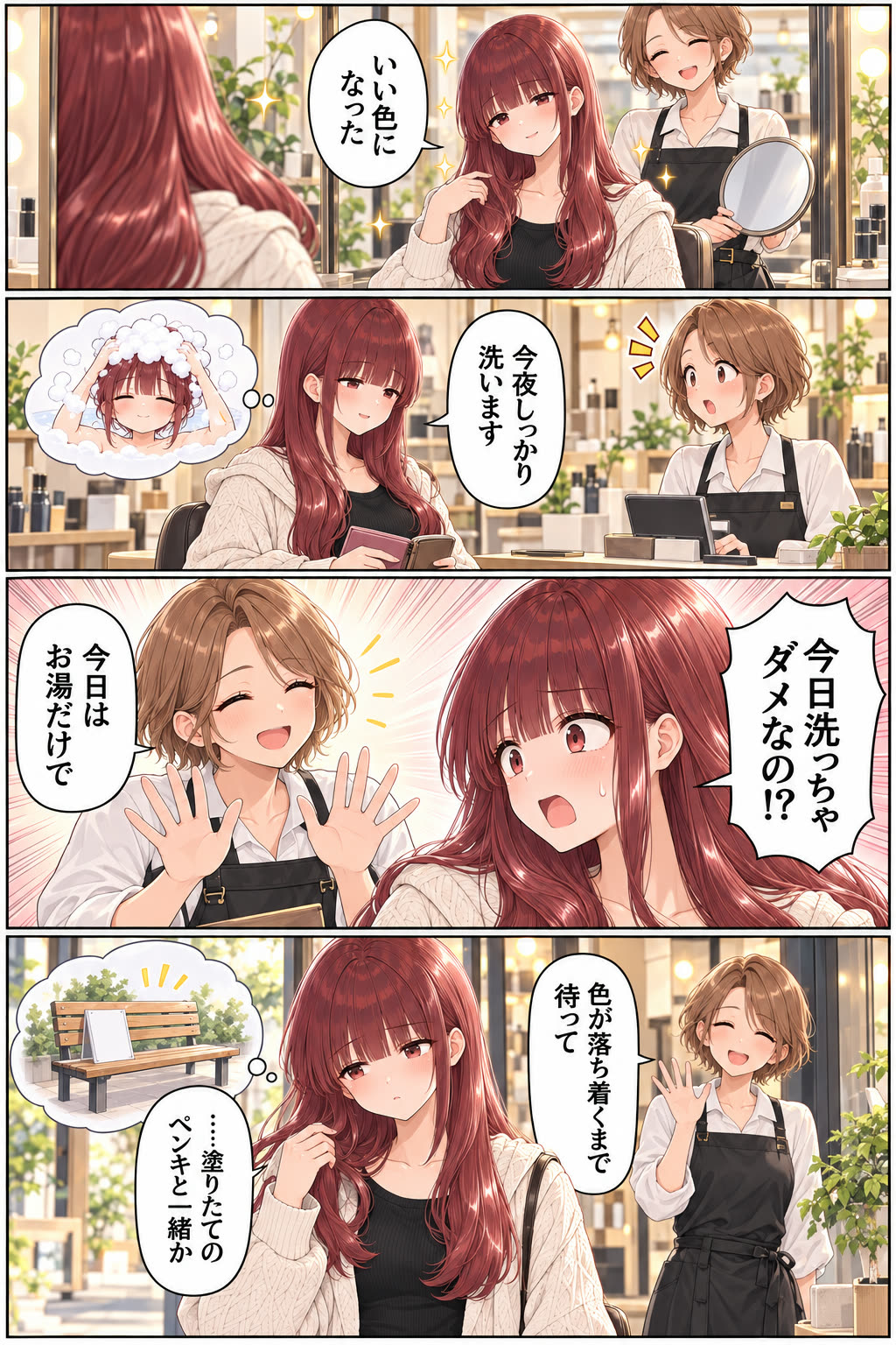 美容室の4コマ漫画。カラーした日にシャンプーしようとして、美容師に今日はお湯だけでと言われる